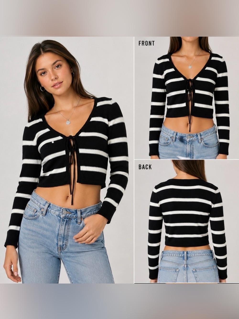 Altar'd State Emery Tie Front Cardigan Black/White M-NWOT - Picture 3 of 7